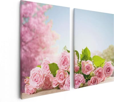 Artaza Canvas Schilderij Tweeluik Boeket Roze Rozen Bloemen - 80x60 - Foto Op Canvas - Canvas Print