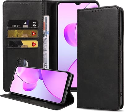 Smartphonica Telefoonhoesje geschikt voor Realme C31 kunstleren Hoesje met Magnetische sluiting en Pasjeshouders Book Case met Klepje - Zwart geschikt voor Realme C31
