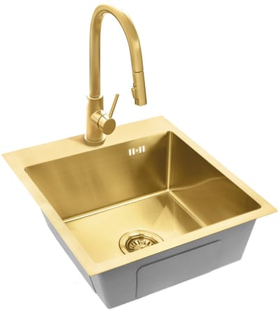 Rea Leo 40 Keukenspoelbak Geborsteld Goud 40X45X18,5Cm + Keukenmengkraan Fresh Geborsteld Goud