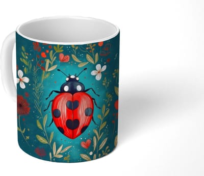 Mok - Koffiemok - Bloemen - Lieveheersbeestje - Hartje - Rood - Mokken - 350 ML - Beker - Koffiemokken - Theemok