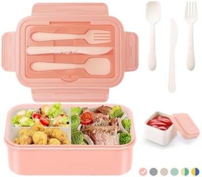 Lunchbox met 3 vakken en bestek - 1400 ml - Magnetron- en vaatwasserbestendig - Roze - Voor school, werk, picknick en reizen