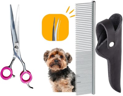 Professor Q – Professionele Up Gebogen Hondenschaar – Roze – 7.5 Inch (19.5 cm) – Ideaal voor Langharige Honden met Luxe Lederen Etui – 16,5 cm – Zwart + Anti-Klit Kam – Pijnloos & Huisdiervriendelijk