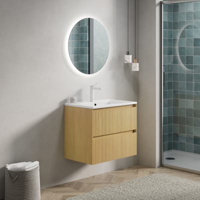 MODFU Badkamermeubel Met Geïntegreerde Keramische Wastafel - 2 Laden - Zwevend Design - Gouden Eik En Wit