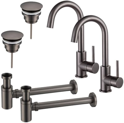 FugaFlow Eccelente Sobrado Badkamer Wastafelkraanset - voor dubbele wastafel - hoge wastafelkraan - draaibare uitloop - always open plug - verlaagde design sifon - PVD Gepolijst Gunmetal