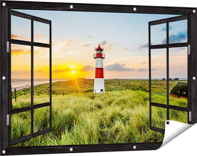 Gards Tuinposter Doorkijk Vuurtoren met Zonsopgang op een Eiland - 120x80 cm - Tuindoek - Tuindecoratie - Wanddecoratie buiten - Tuinschilderij