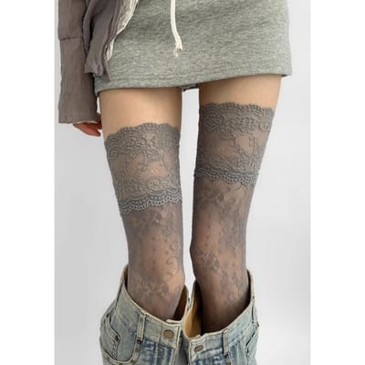 Dames Sexy Kantrand Nylon Visnet Kousen Retro Bloemig Zoet Gaas Ademende Dijhoge Lange Sokken Jk Over de Knie Sokken One Size gray