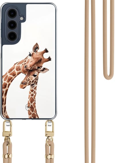 Telefoonhoesje met koord geschikt voor Samsung A16 - Giraffen - Inclusief Beige koord - Transparant, Bruin - Print - Crossbody beschermhoes - Met Telefoonketting