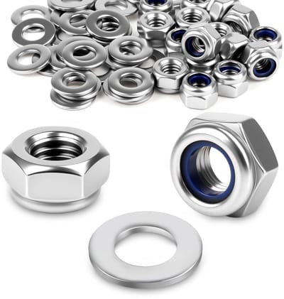 100 stuks M4 zelfvergrendelende moeren DIN985 met 100 stuks ringen DIN 125 voor machines, voertuigen en meubels binnen en buiten, roestvrij staal, duurzaam en corrosiebestendig