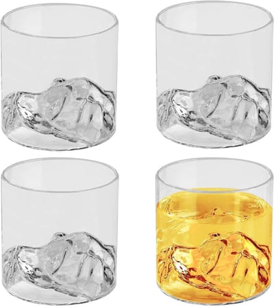 Set van 4 Whisky Glazen 200 ml met Berglandschap Design voor Whisky, Rum en Cocktails, Elegante Drinkpresentatie met Gravure van Bergen en Rivieren