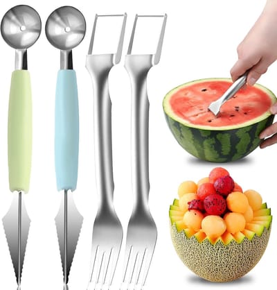 Fruit Snijset - 4 Delige Melonsnijder voor Watermeloen, Cantaloupe en Papaja, Ideaal voor het Snijden van Tropisch Fruit