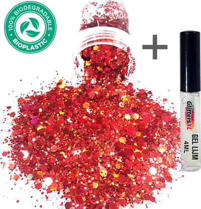 Chunky Festival Glitters (Rood) + Glitter Huid Lijm [Volume 8g - Festival Jewels Glitter Outfit Lichaam en Gezicht - Make-up Diamond Dots Face Body - Diamantjes Strass Steentjes - Kinderen Volwassenen Dames Makeup Tattoo Mastix Schmink]