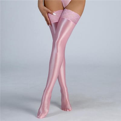 Sexy Dames Kant Satijn Glad Olie Glanzend Hoge Sokken Vintage Glanzend Sexy Strak Vormgevend Elastisch Lingerie Meisjessokken Over de Knie One Size gray