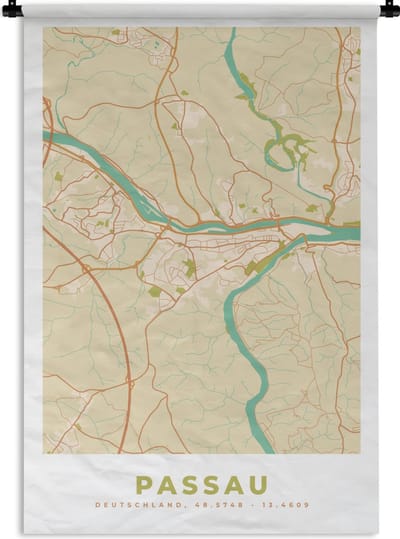 Wandkleed - Wanddoek - Vintage - Passau - Stadskaart - Plattegrond - Kaart - 120x180 cm - Wandtapijt