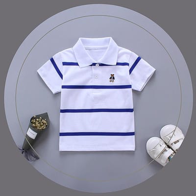 Zomer Kinderkleding, POLO Shirts met Revers en Strepen met Korte Mouwen voor Grote Kinderen, T-shirts voor Jongens en Meisjes 115cm white