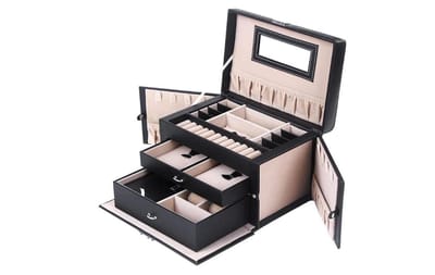 MIRA Home luxe sieradendoos - met spiegel en 2 lades - zwart - 26x18x17