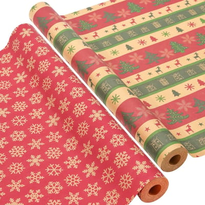 2 Rollen Kerst Cadeau Inpakpapier 43cm x 15m - Recyclebaar Kraftpapier voor Kerst, Verjaardag en Feestdecoraties