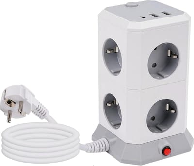Stekkerdoos met USB - Meervoudig stopcontact - Apparaten opladen - Overspanningsbeveiliging - 8 stopcontacten - Zwart