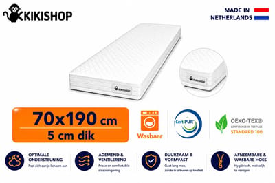 Kikishop Topdekmatras 70x190 – 5 cm HR Koudschuim – Afritsbaar & Wasbaar – CertiPUR® Gecertificeerd – Medium Hardheid – Comfort Matrastopper