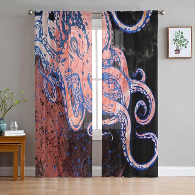 Octopus Textuur Waterverf Tule Gordijn Huis Kantoor Raamdecoratie Slaapkamer Keuken Balkon Modern Transparant Gordijn 135W x 114H(cm) gray