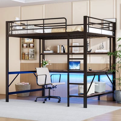 MEUNIQ Hoogslaper 140 x 200 cm met bureau, opbergrek, trap, LED-verlichting, USB en stopcontact, metalen bedframe voor kinderkamer, zwart