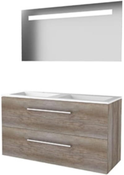 Basic-Line Economic 46 Badkamermeubelset - 120 x 46 cm - Met Grepen - 2 Lades - Acryl Wastafel - Zonder Kraangat - Spiegel met LED Verlichting - Scotch Oak
