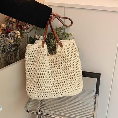 Sac à bandoulière tissé à la main, sac de plage décontracté, grande capacité, en fil de coton tressé, sac à bandoulière creux, sac polyvalent pour femmes brown