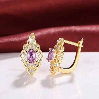 Huitan Esthetische Dames Hoepel Oorbellen Hol Patroon Ovaal Paars CZ Elegante Vrouwelijke Oorbellen Jubileumfeest Trendy Sieraden brown