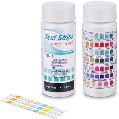 7-in-1 zwembad- en spa-teststrips - 100 teststrips voor zwembadwater - Teststrips voor bubbelbadwater - Totale hardheid, totaal chloor, broom, vrij chloor, pH, cyanuurzuur en totale alkaliteit