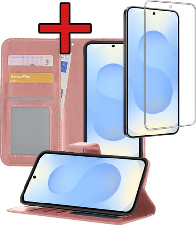 Hoesje - Met Screenprotector - Geschikt voor Samsung Galaxy S25 FE - Luxe Pasjeshouder - Flipcase - Bookcase Portemonee - Flip Case - Kunstleer Book Case - Book Cover - Walletcase - Portemonneehoes - Telefoonhoes - Rosé goud