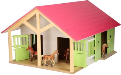 Roze paardenstal met 2 boxen en berging Houten speelgoed Dieren