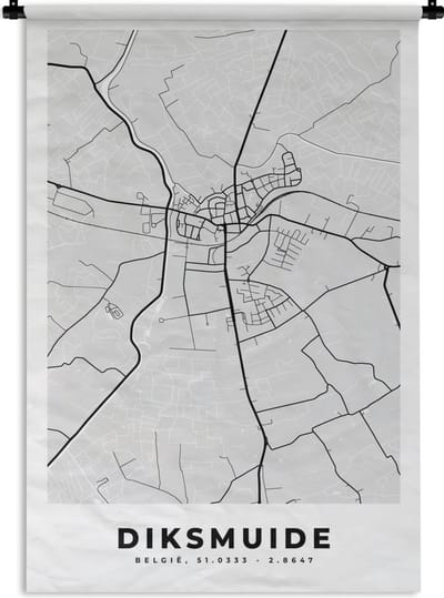 Wandkleed - Wanddoek - België – Diksmuide – Stadskaart – Kaart – Zwart Wit – Plattegrond - 120x180 cm - Wandtapijt