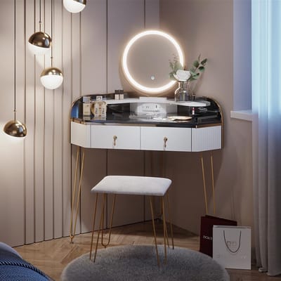 Hoekkaptafel met LED Spiegel Kruk en USB Poort Wit/Grijs Hoogglans