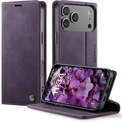Premium PU Leren Flip Case voor iPhone 17 Pro met RFID Bescherming, Vouwbare Stand en Kaartcompartiment in Paars