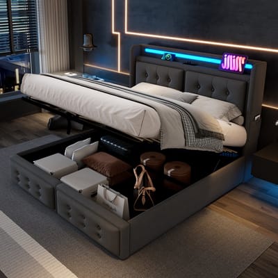 MEUNIQ tweepersoons bed 140x200 met LED hoofdbord, USB-C en stopcontacten, hydraulische opbergruimte, lattenbodem, metalen frame, grijs, slaapkamer