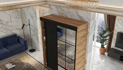 Kledingkast met Schuifdeuren en Spiegel Casa Velluto Lamaro Prestige – Moderne Garderobe voor Slaapkamer en Hal – Wardrobe 167x205x59 cm – Eikenhout Artisanat Gold & Zwart – Opbergkast met Laden en Planken