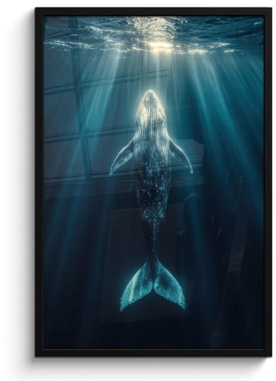 Poster in lijst - Fotolijst 60x90 cm - Posters - Walvis - Water - Zonnestralen - Blauw - Posterlijst zwart - Decoratie - Wanddecoratie woonkamer - Muurdecoratie slaapkamer