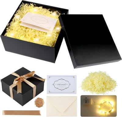 Opvouwbare geschenkdoos met dekselset, 20 x 20 x 10 cm, inclusief lint, wenskaart en led-licht voor verjaardag en bruiloft, zwart