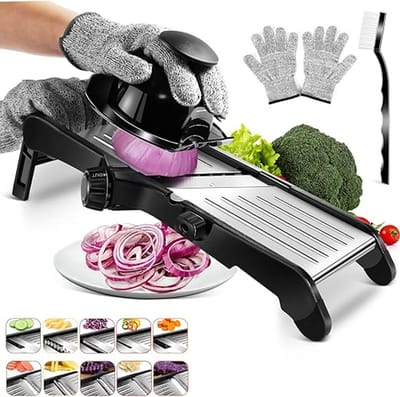 Mandoline-voedselsnijder, 3-in-1 opgewaardeerd verstelbaar roestvrij staal met wafelbaksnijder Aardappelchips Groente-ui-dun tot 9 mm met handschoenenbeschermer en borstel