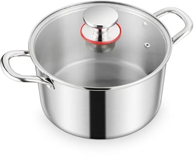 3-Laags Roestvrijstalen Kookpan 20 cm met Glazen Deksel - Gezonde Soeppan voor Inductie en Alle Warmtebronnen