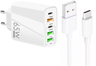 65W 5-Poorts USB Lader met Dual USB-C PD + 3X USB-A - Inclusief 1 meter 3A USB naar 8-Pin Kabel - Snellader - wit
