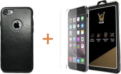 Hoesje geschikt voor Apple iPhone 7 - TPU Luxury Leather Electropating Case Black met Gouden Bumper (Zwart Silicone Kunstlederen Hoesje) + Tempered Glass Screenprotector 2,5D 9H (Gehard Glas)