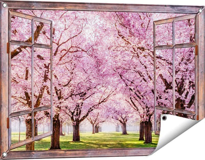 Gards Tuinposter Doorkijk Roze Bloesembomen Park - Bloemen - 90x60 cm - Tuindoek - Tuindecoratie - Wanddecoratie buiten - Tuinschilderij