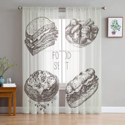 Voedsel Schets Set Tule Gordijnen Voor Woonkamer Transparant Gordijn Slaapkamer Sluier Organza Decoratieve Raambekleding 135W x 114H(cm)