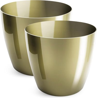 Set van 2 Glanzende Kunststof Bloempotten Goud Decoratief Overpot Kruidenpot Doorsnede 18 cm