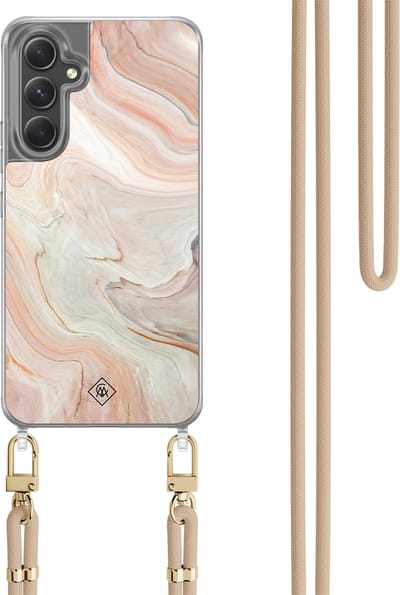 Casimoda® hoesje met koord - Geschikt voor Samsung A34 - Marmer Waves - Afneembaar koord - TPU/polycarbonaat - Bruin/beige