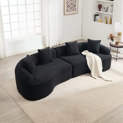 Luxe Gebogen Modulaire Bank 4-zits – Zwarte Chenille Designbank met Rond Organisch Ontwerp, Vrij Combineerbaar en Direct Gebruiksklaar
