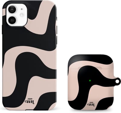 xoxo Wildhearts telefoonhoesje geschikt voor iPhone 11 met AirPods 1 en 2 hoesje - set - Ride With Me - Double Layer - Telefoonhoesje met dubbele beschermlaag - Golvend patroon case - Zwart en beige