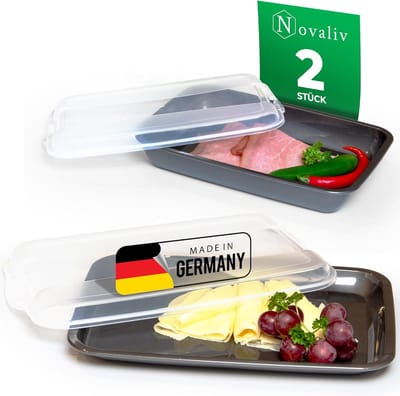 Novaliv Voordeelset 1x plat 2x hoog Antraciet Premium vleeswarendoos met transparant deksel, vershouddozen voor worst & kaas Afmetingen 25x17x3 cm 25x17x5 cm Koelkastorganizer Knäckebröddoos must-have