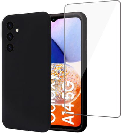 Geschikt voor Samsung A14 5G Hoesje + Screenprotector – Gehard Glas Cover - Suède Case Zwart