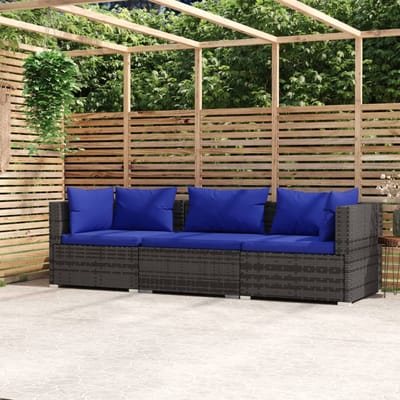 vidaXL - Tuinbank - 3-zits - met - kussens - poly - rattan - grijs